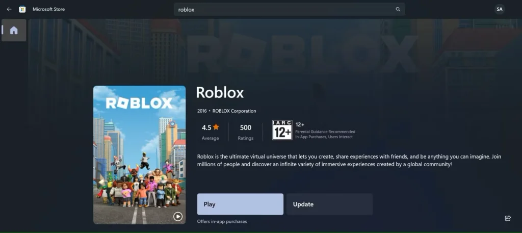 فهرست برنامه فروشگاه مایکروسافت Roblox در ویندوز