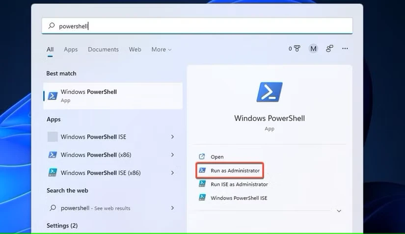 گزینه Run as Administrator برای Windows PowerShell
