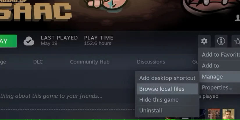 تصویر صفحه اتصال isaac در steam که مرور فایلهای محلی را نشان میدهد