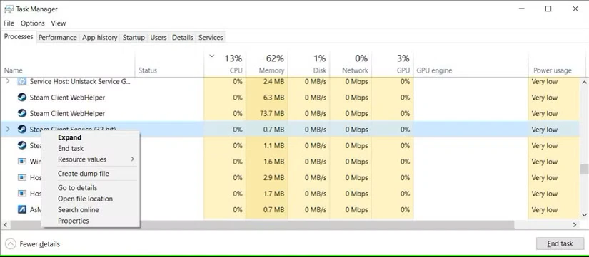 سرویس Steam را در Task Manager بررسی کنید