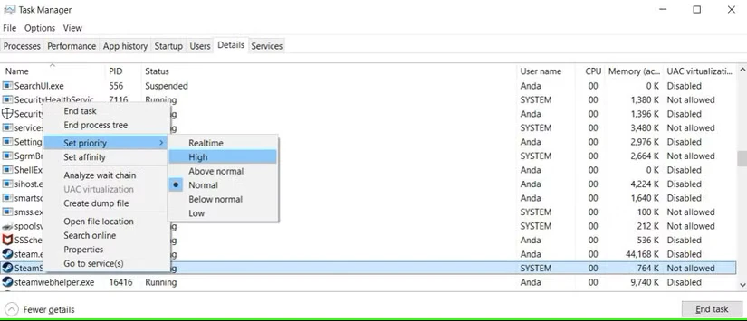 تغییر اولویت Steam در Task Manager