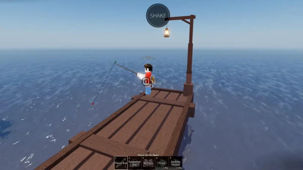 بازیکن در حال ماهیگیری در اسکله در Roblox فیش.
