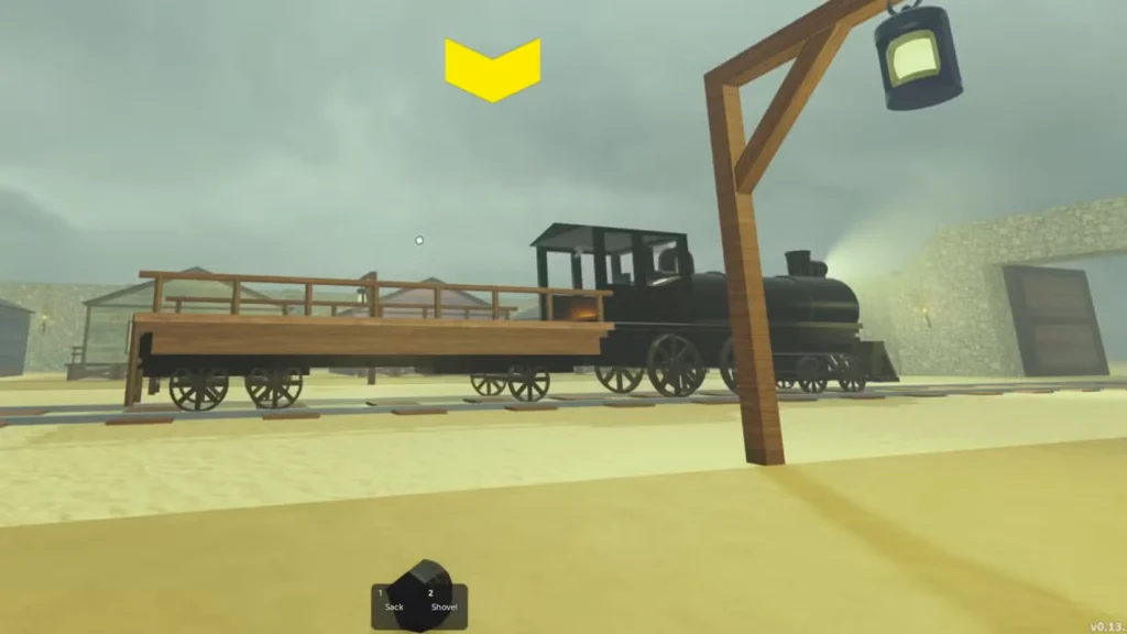 بازیکن در Roblox Dead Rails زغال سنگ در دست دارد و به قطار خود نگاه می‌کند.