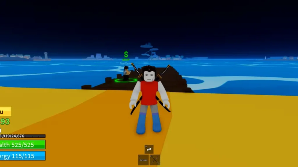 بازیکنی که با دو شمشیر بر پشت خود در نزدیکی اسکله در Roblox Bloxfruits ایستاده است.