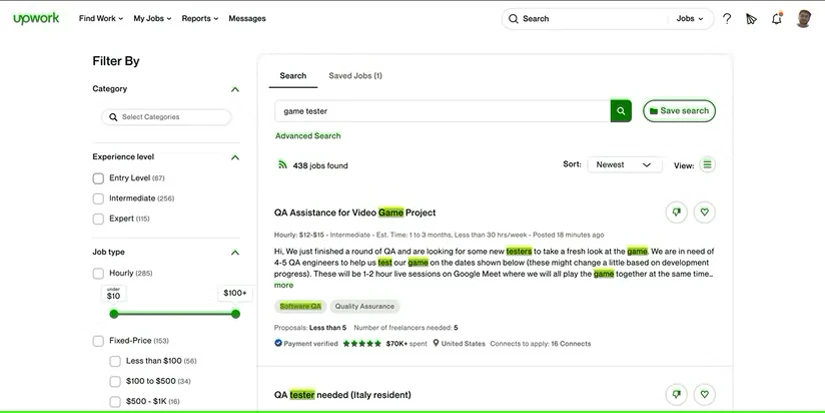 شغل تست بازی در Upwork