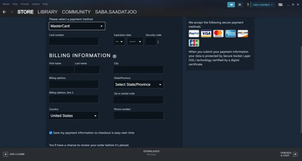 صفحه پرداخت در استیم