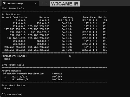 دستور route print در cmd