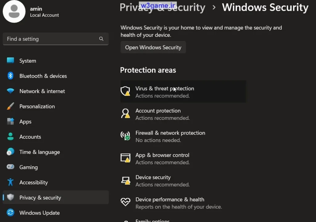 کلیک روی Virus & Threat Protection