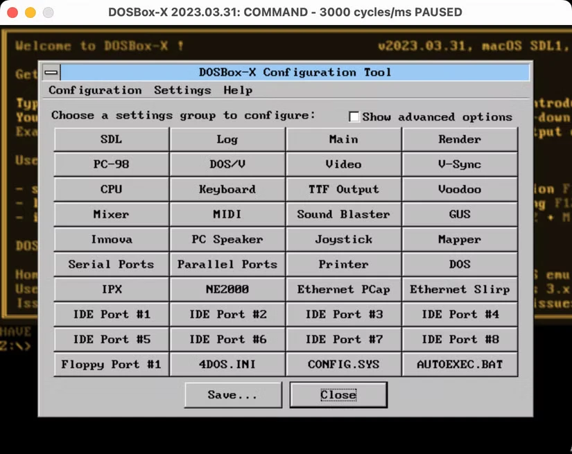 DOSBox-X با ابزار پیکربندی روی صفحه نمایش.