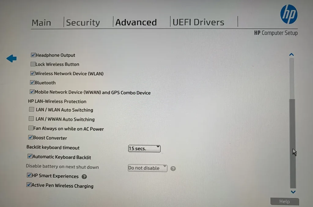 فعال کردن نور صفحه کلید لپ تاپ hp از داخل تنظیمات بایوس