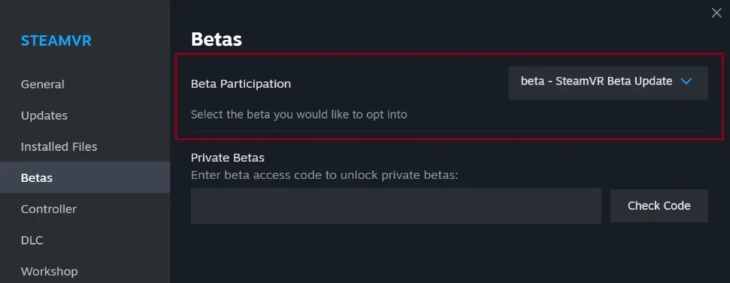 حالت Participate in Steam Beta