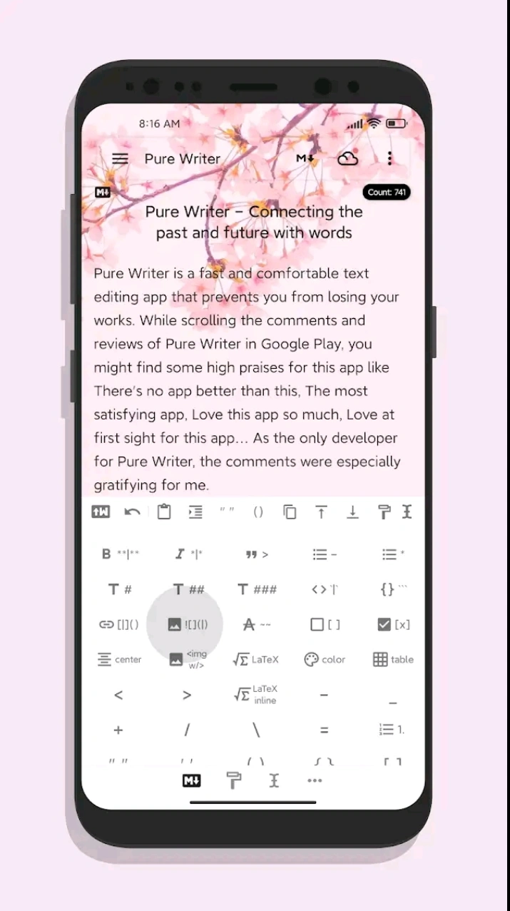 محیط نوشتن اپلیکیشن Pure Writer با تم روشن و نوار ابزار Markdown