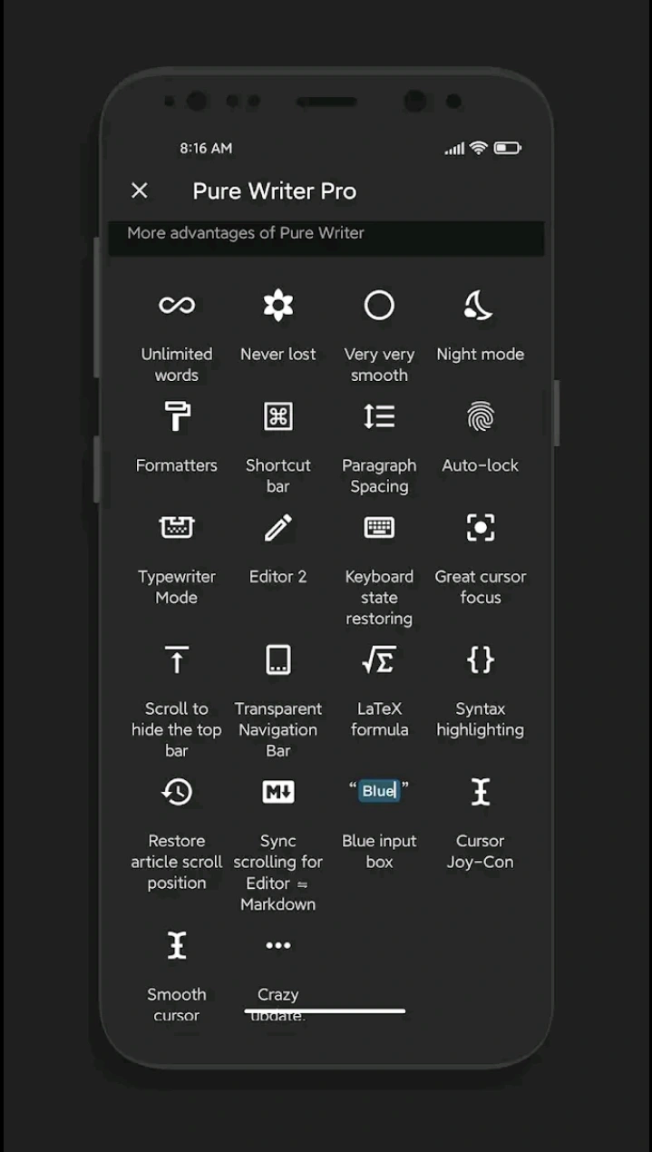 قابلیتهای نسخه Pure Writer Pro در حالت تاریک شامل Night mode و LaTeX